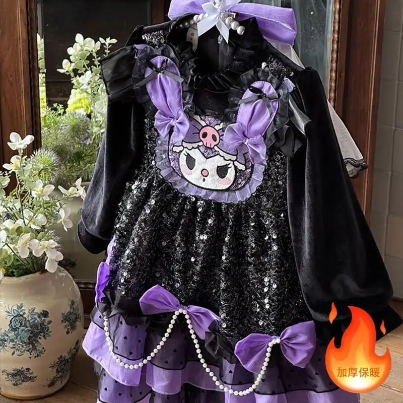 

Sanrio Anime Kuromi Girl Lolita Princess Dress Bow Decoration Layered Dress Sequin Ball Gown Halloween Party Dress Holiday Gifts