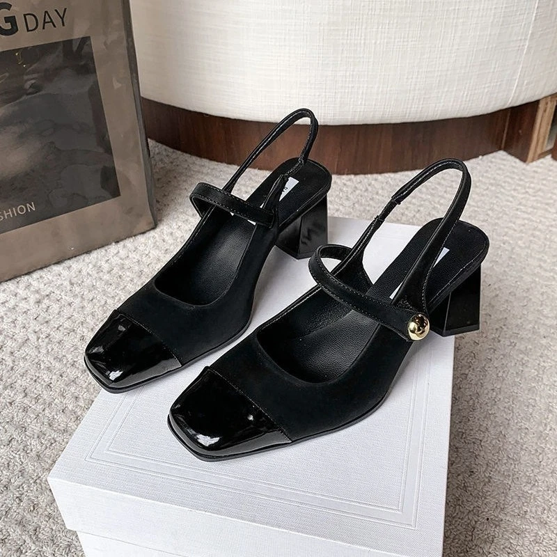 

Summer Women's Shoes Patent Leather Square Head High Heels Retro Chunky Heel Fashion Banquet Shoes Suede Elegant Women Sandals