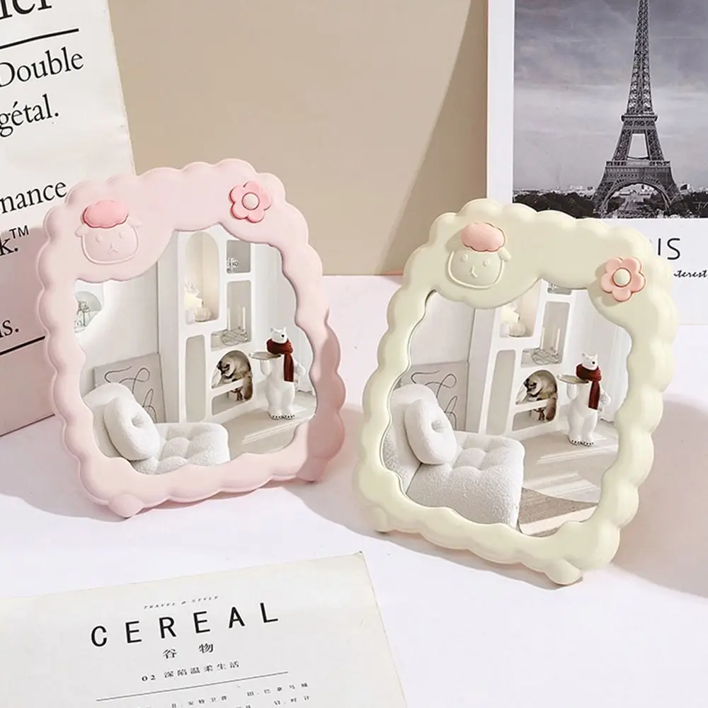 개인 맞춤형 만화 데스크탑 스탠드 거울 접이식 귀여운 양 메이크업 거울 이중용도 화장 거울 기숙사용