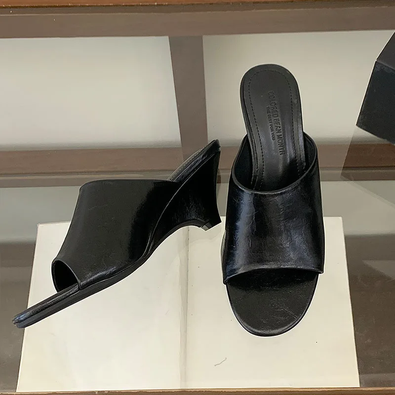 

New 2026 Summer Fashion Round Toe Elegant Women Slippers Medium Heels Shoes Casual Female Sandal Slides Ladies Wedges Shoes