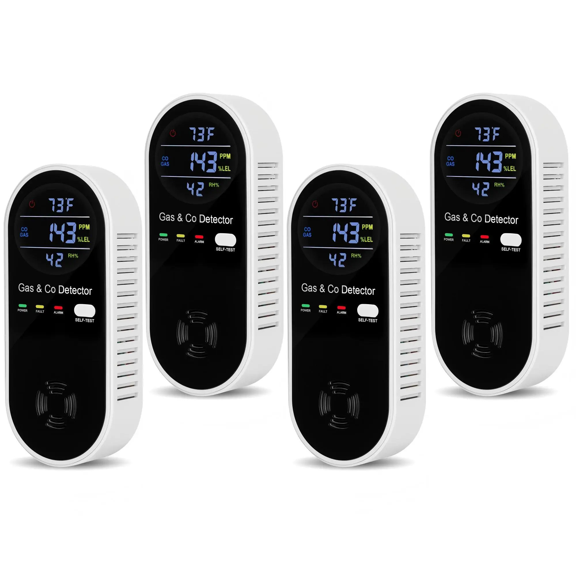 

4 Packs Carbon Monoxide Detectors Plug in, 4-in-1 Natural Gas Leak Detector & Carbon Monoxide Detectors with Temperature & Humidity, Natural Gas Detectors for Home/Apartment/RV