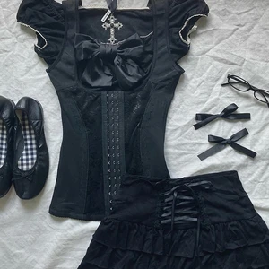 Mini saia de Harajuku feminina, bonitinha de streetwear vintage, hip-hop punk rock chique doce arco emo meninas, tops de cor sólida, Y2K 8 principais vendas crop e saia - №3