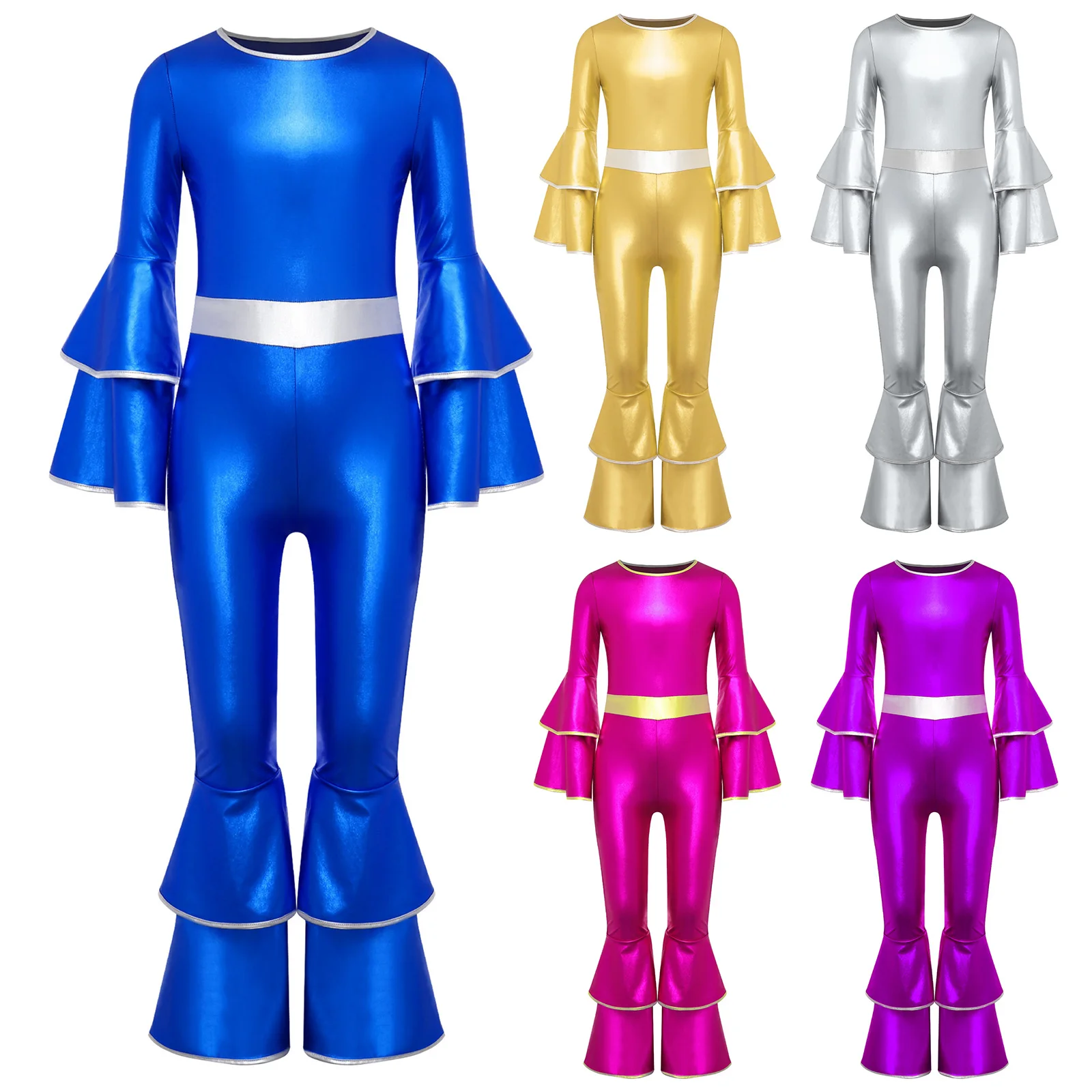 Girls 70s 80s Disco Hippie Costume Shiny Metallic Long Sleeves High Waist  Flared Jumpsuit Halloween Singer Dance Party Dress Up - AliExpress 1501
