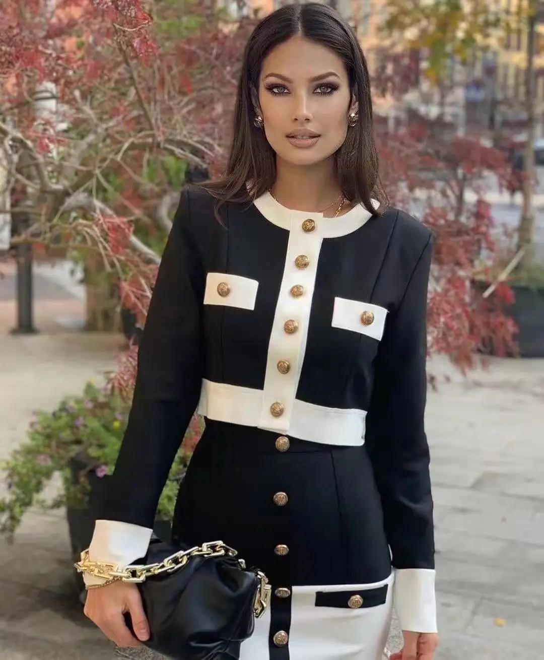 2023 Black White Patchwork Buttons Short Coat And Mini Skirt Set Elegant Woman Date Dinner Vestido Weekends Wine Party Outfit