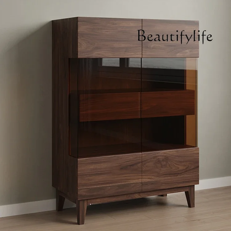 

Black walnut side cabinet New Chinese glass wine cabinet Living room decoration simple wall locker