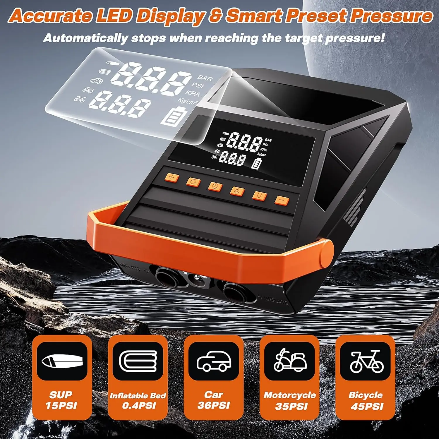 Electric Portable SUP Pump with Auto-Off, 50PSI High Pressure for Inflatables, Car Tires, Bikes