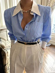 New French Elegant Women Shirts Korean Striped Red Fashion Turn Down Collar Office Ladies Tops Long Sleeve Causal Female Blouse