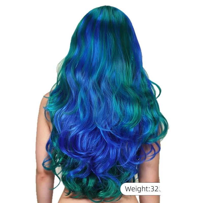 Synthetic long curly hair with blue highlights, natural and realistic lace part wig