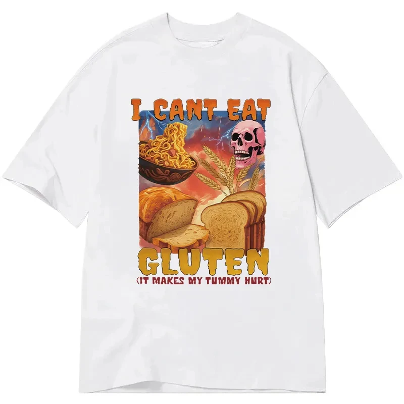 Funny Skull Bread Noodle T-Shirt Men Women Sarcastic Food Intolerance Print Oversized Casual Streetwear Short Sleeve Tee Tops