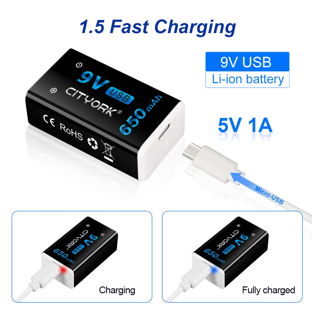 بطارية ليثيوم أيون قابلة لإعادة الشحن ، 9 فولت ، منفذ USB الصغير ، 6F22 ، بطاريات ليثيوم للمقياس المتعدد ، كاشف المعادن ، الغيتار ، ميكروفون لاسلكي