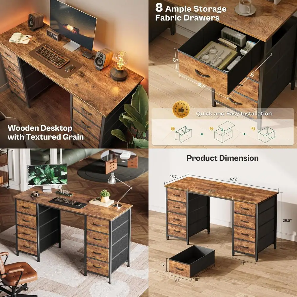 

47 Large Rustic Brown Home Office Desk with 8 Fabric Drawers for Study & Gaming