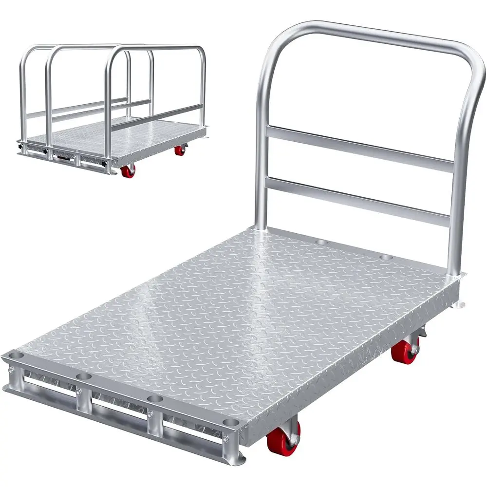 

Прочная стальная платформенная тележка с 6 поворотными колесами и тормозами, большая тележка 44x28 с 4 поручнями для промышленного использования