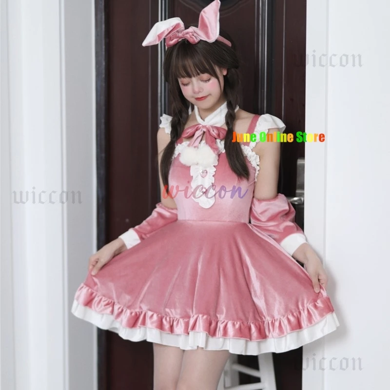 Sweet Lolita Bunny Girl Halloween Christmas Cosplay Costume Japanese Anime Pink Maid Lingerie Soft Velvet Rabbit Roleplay Outfit