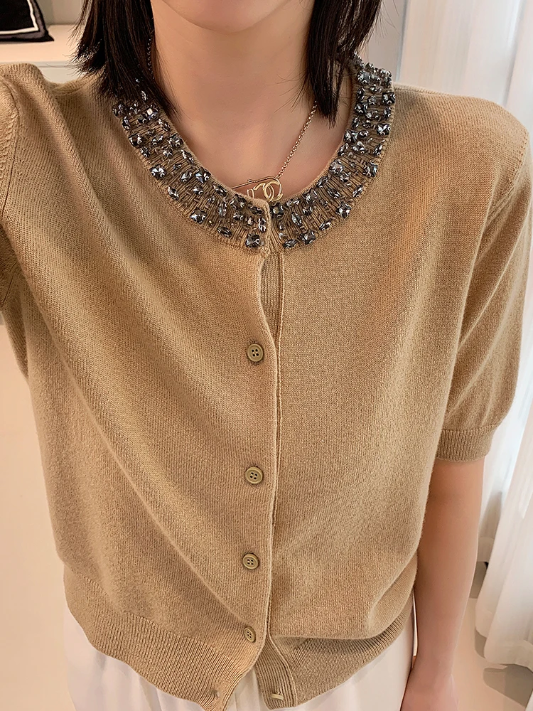 

Heavyweight Cashmere Knitwear Short Sleeve Women's Top Pearl Embellished Neck Design Spring Summer New Style Cardigan Shirt