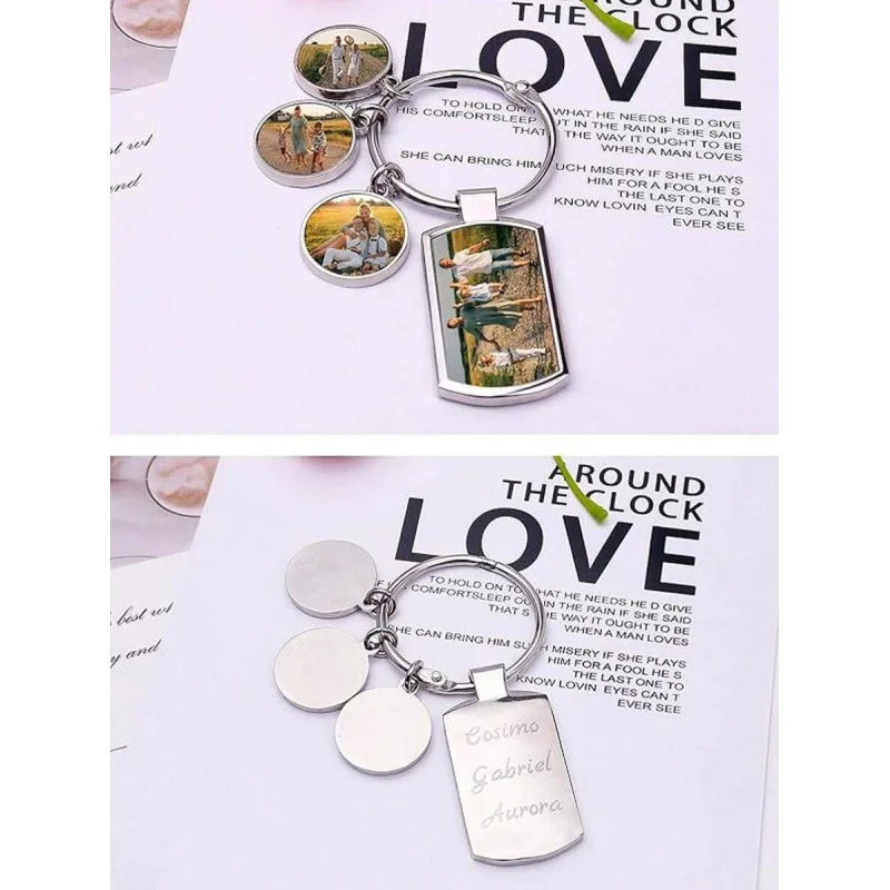 Custom 4 Photo Keychain Personalized Stainless Steel Picture Keyring With Round Charms Rectangle TagImage Key Holder Accessories