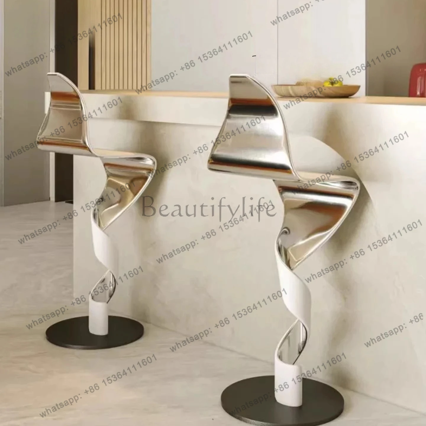 

Light luxury special-shaped bar chair S-shaped art twist iron art bar chair high stool stainless steel chair