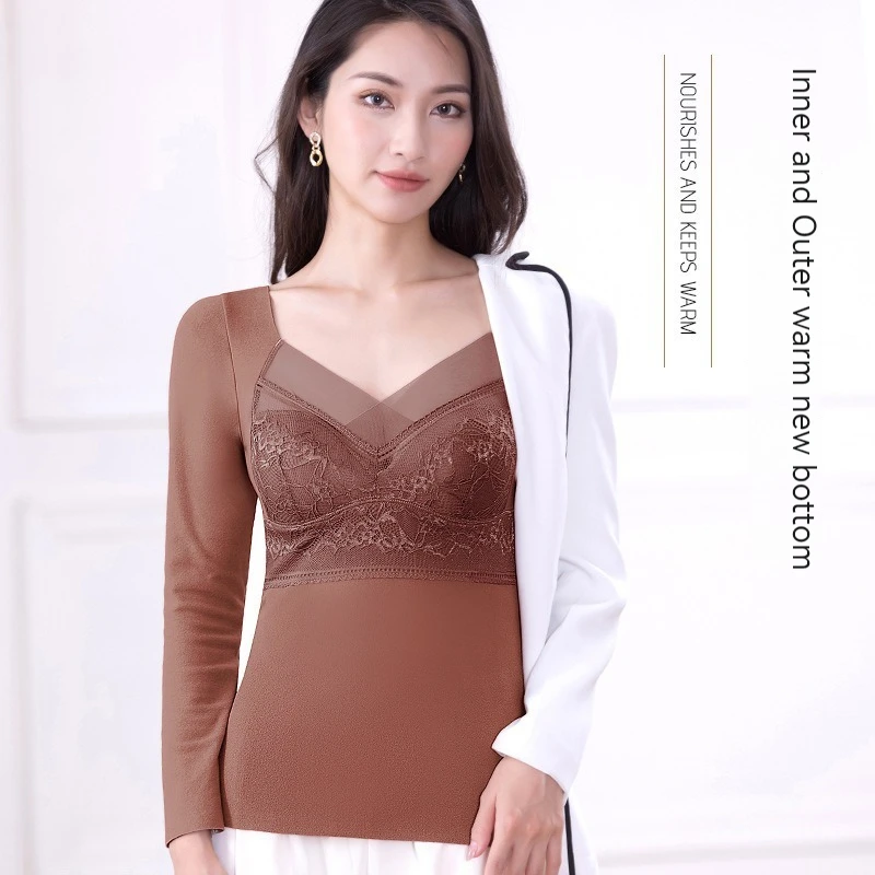 Autumn and Winter New German Velvet Warm Bottom Integrated Bra Lace Long Sleeve Comfortable Underwear for Women