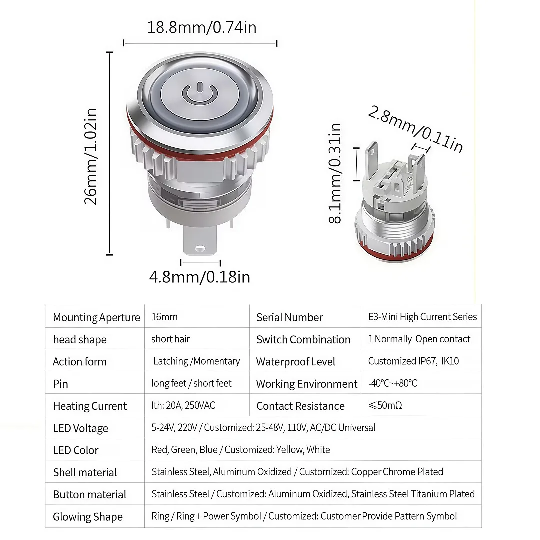 LANBOO 16mm Hochstrom 16A Hochleistungs-Metall-Drucktastenschalter 12V110V 24V 220V LED-Licht Verriegelnd – Detail 7