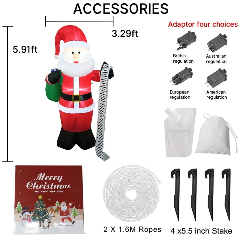 6피트 크리스마스 장식품 풍선 선물 가방 산타클로스 장난감 집 마당 장식 LED 장식 크리스마스 용품 야외용