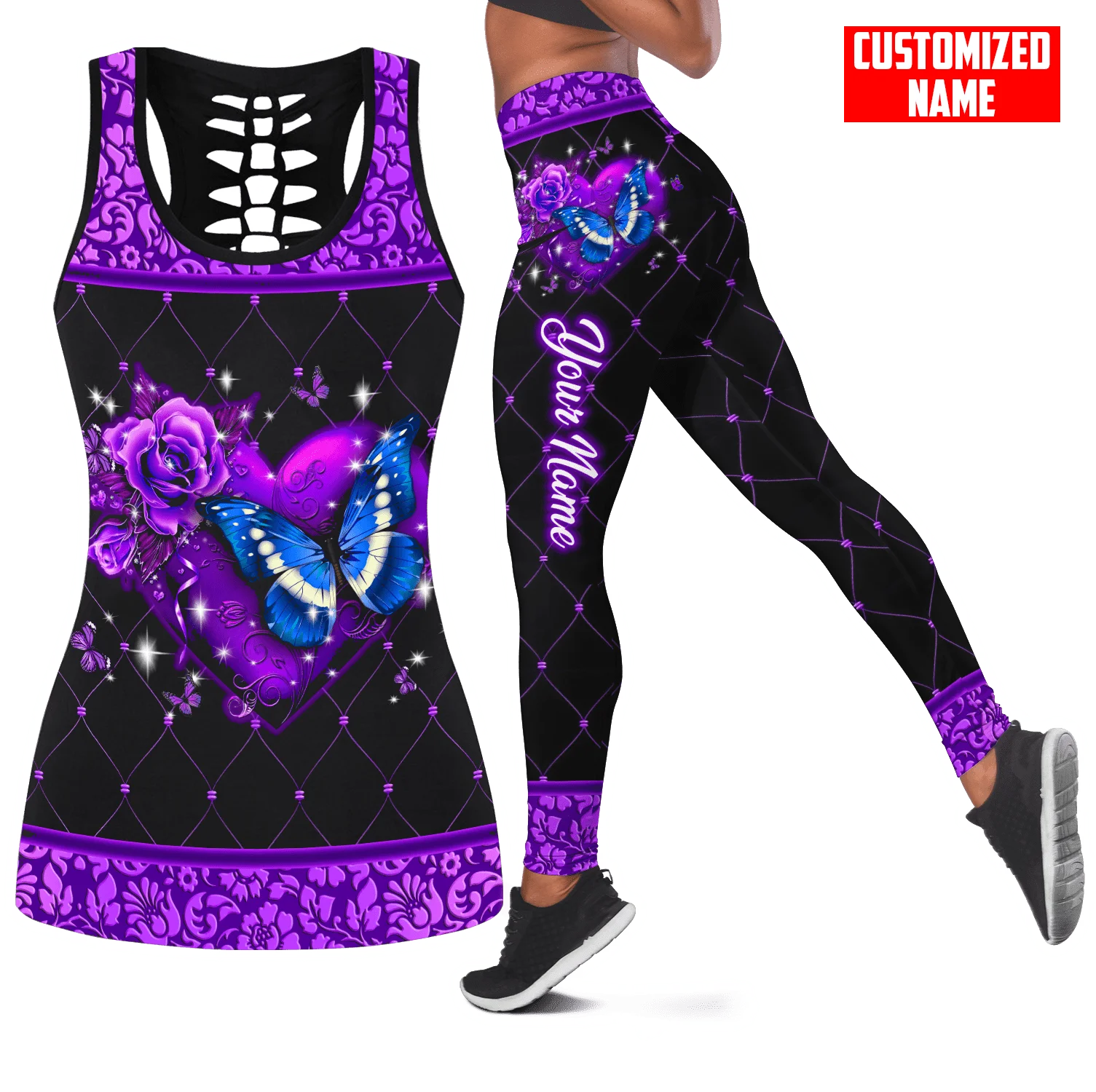 Personalizowany zestaw: top bez rękawów z nadrukiem 3D motyla i legginsy dla kobiet, długie spodnie do fitnessu, jogi i biegania KBX02