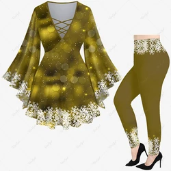 Flare Sleeve Top and Leggings Set for Women Gingerbread Snowflake Glitter 3D Printed Casual Maillard Color System Set