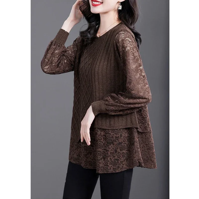 Lace Patchwork Elegant Knitted Sweater Autumn Winter Fashion Asymmetrical Chic Long Sleeve Knitwear Solid Loose Pullovers ZL571