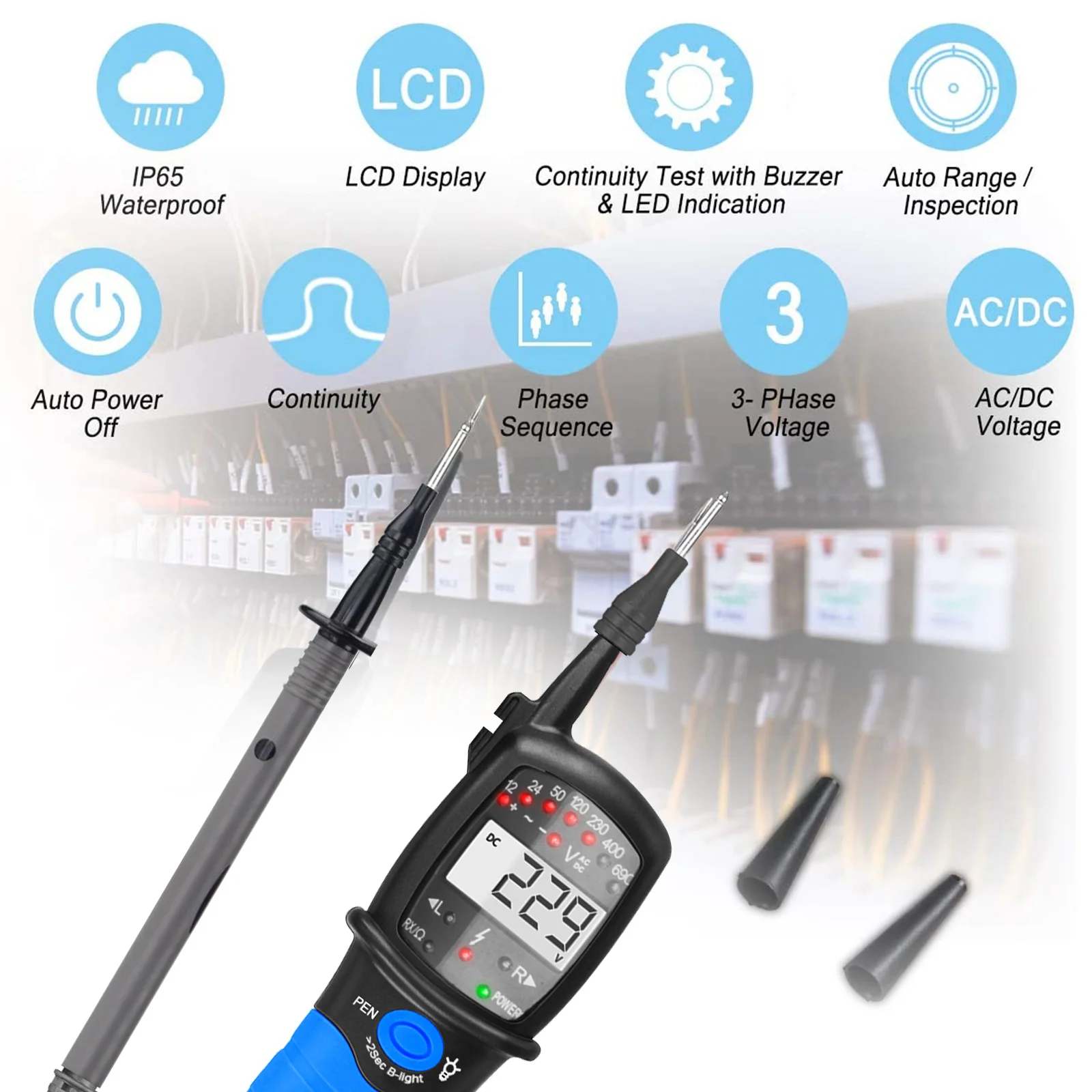 

Pen Type Digtal Multimeter Non-contact AC/DC Voltage Tester with Auto-range, Phase Rotation, Continuity, Date Hold, Silent Mode