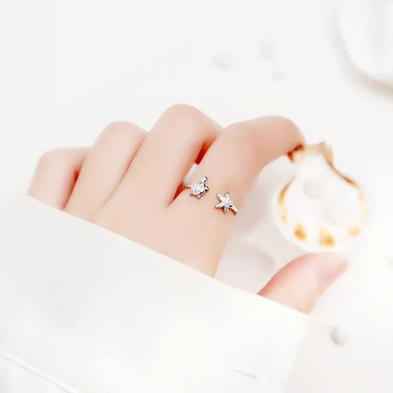 WYEAIIR 925 Sterling Silver Mini Cute Diamond Turtle Starfish Tortoise Resizable Opening Ring For Women Luxury Jewelry