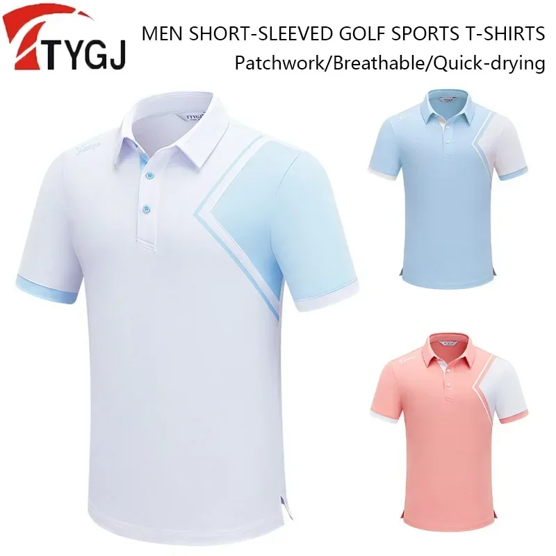 TTYGJ Men Short Sleeve Golf T-shirt Male Breathable Fast Dry Shirt Summer Men Turn Down Collar Tops Elastic Sport Golf Apparel