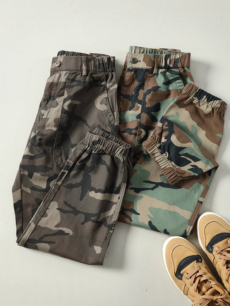 

2025 Summer New American Rerto Camouflage Cargo Pants Men's Fashion 100% Cotton Washed Casual Loose Straight Ankle-tied Trousers