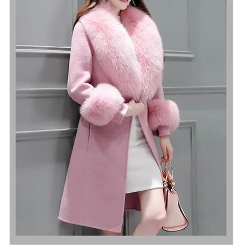 

Pop Pop Women's Long Woolen Coat Korean Version New Winter Slim Fit Lace Up Big Wool Collar Woolen Coat Detachable Woolen Collar