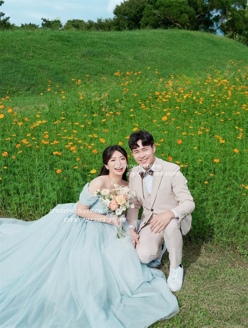 スプレー染めブルーチュールイブニングドレス韓国ウェディングフォト撮影VネックオフショルダーパーティードレスAラインロングコルセットカスタムメイド2026