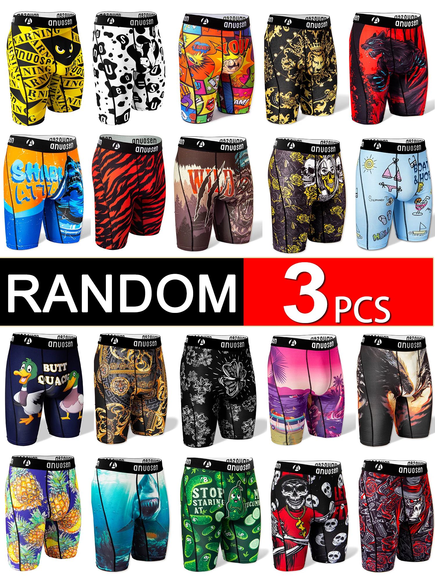 

Random 3-Piece Set of Men's Long Sports Underwear, Random Pattern Single or Multi-Pack, Positioning Print, Skull, Plant, Letter, Cartoon, Moisture-Wicking, Cartoon, Striped, Plaid, Animal and Other Unique Prints, Random Styles, Extended Length Underwear, 