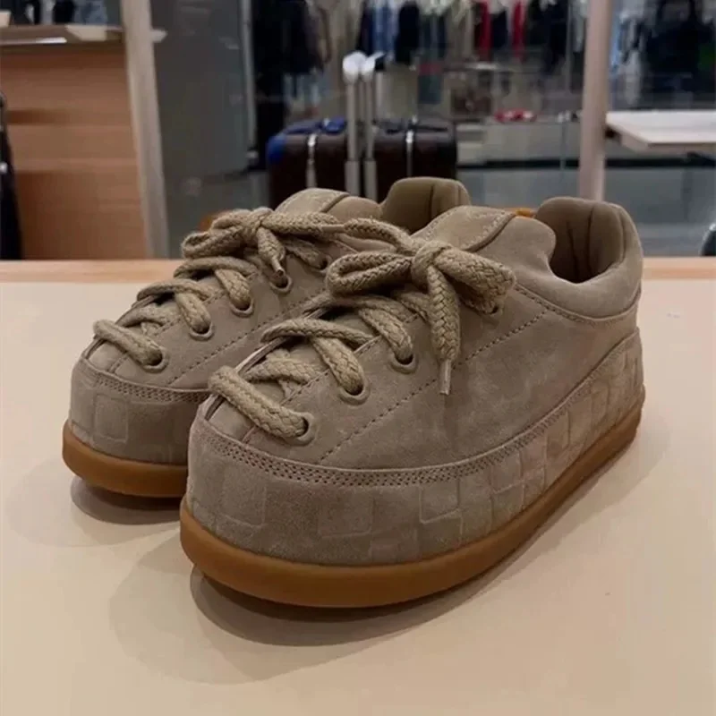 2026 Women's Genuine Suede Platform Sneakers Thick Sole Round Toe Casual Walking Shoes Height Increasing Fashion Bread Shoes