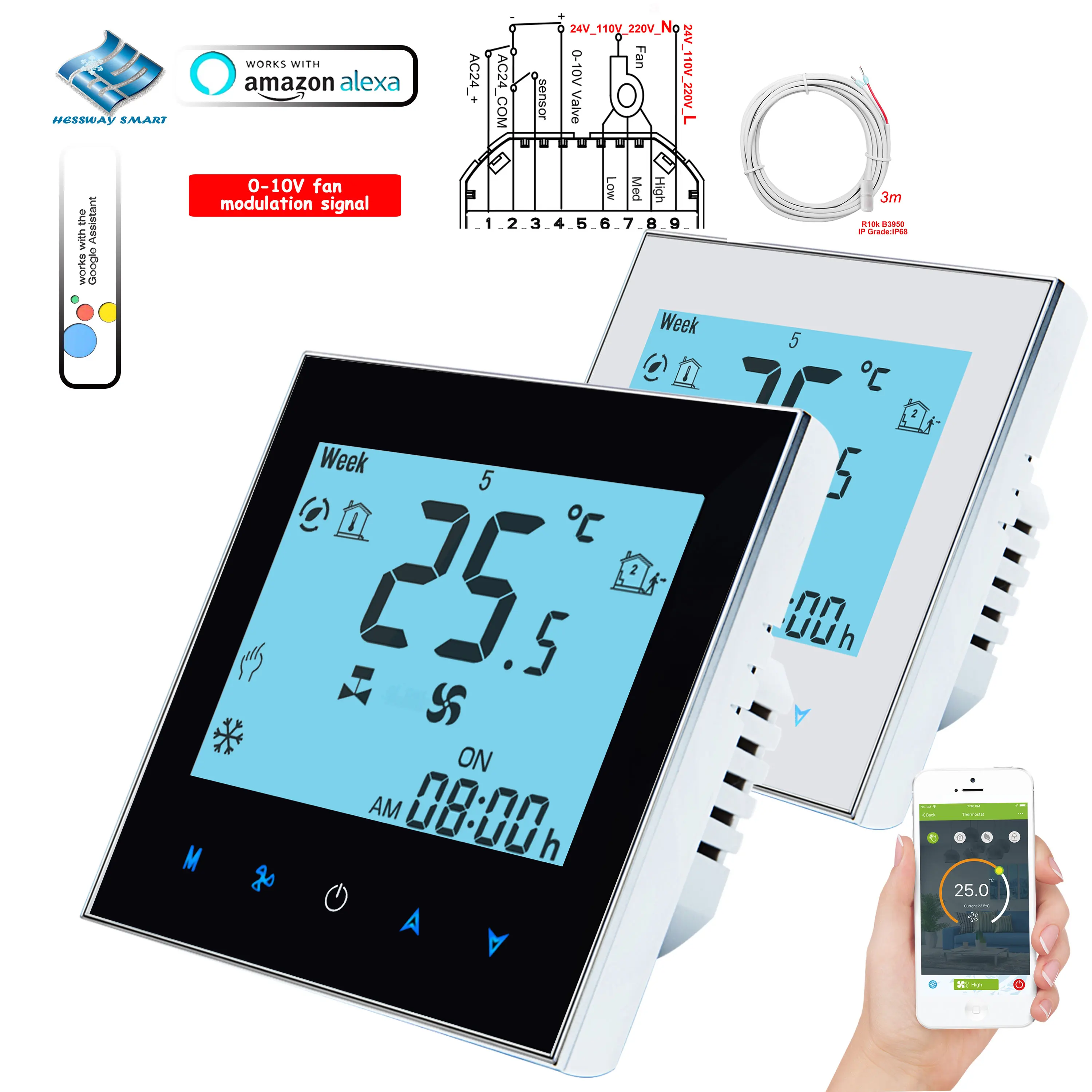 Ue WIFI/RS485 inteligentny termostat podwójny czujnik dla 2 rur 0-10V zawór modulacji suchy kontakt cewka wentylatora przekaźnik wejście 220V 110V 24V 12V