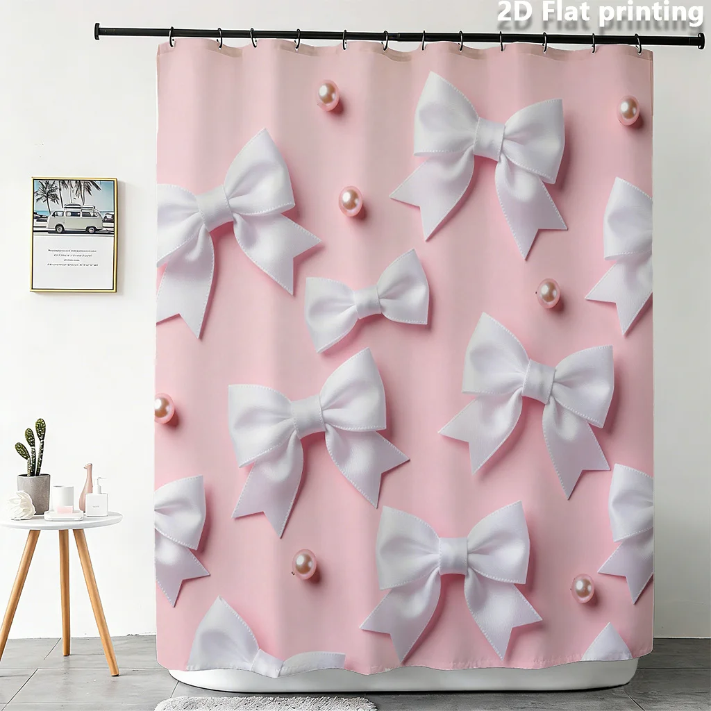 Pink Bow Shower Curtain, White Ribbon & Pearl Pattern Waterproof Bath Curtain, Girly Aesthetic Bathroom Decor for Girls