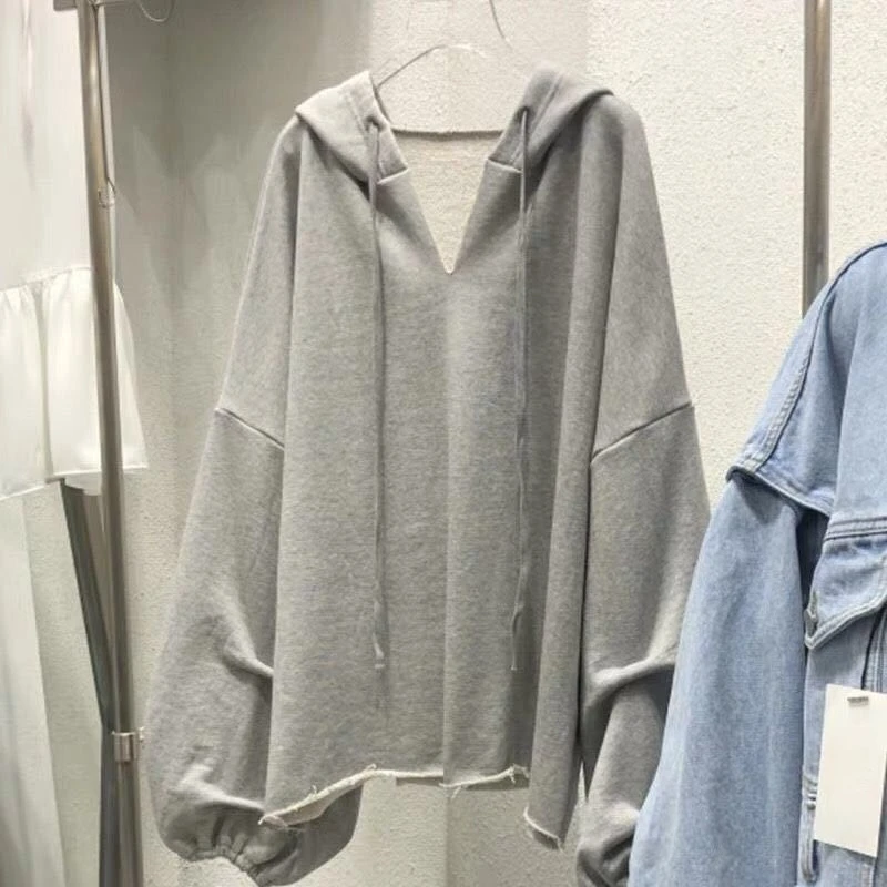 Autumn Winter V-Neck Lantern Sleeve Hooded Sweatshirt Women Thin Loose Ins Fashion Top