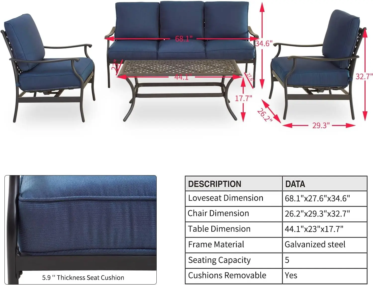 Patio Conversation Set, 4Pcs Cushioned Outdoor Furniture Sets with All Weather Galvanized Steel Frame