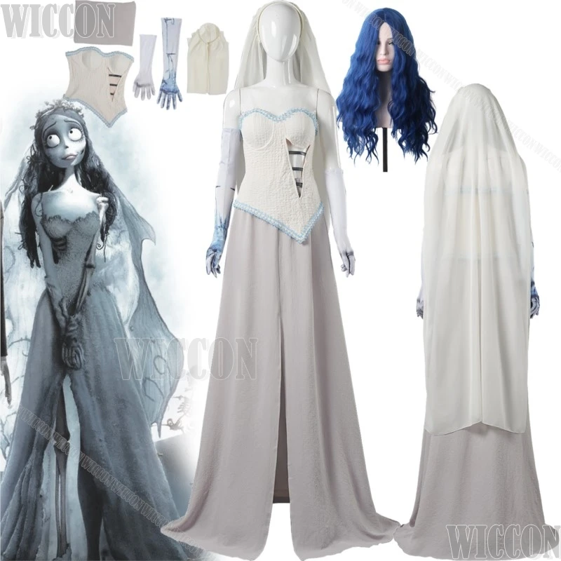 Emily Zombie Bride Corpse Masquerade Cosplay Costume White Wedding Dress Veil Victor Halloween Women RolePlay Suit Customized