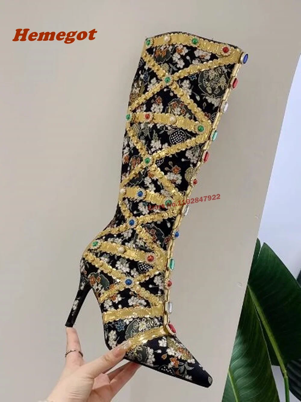 Pointed Toe Knee High Boots for Women Rhinestones Design Gold Bling Luxury Boots Thin High Heeled Fashion Sexy Side Zip Shoes