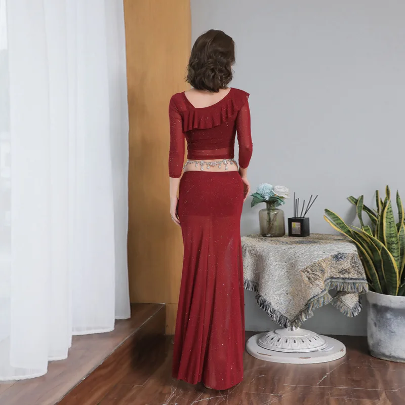 Nieuwe buikdans oefenjurk Jurk voor beginners Lovertjes Mesh Sexy enkele split lange jurk voor dames