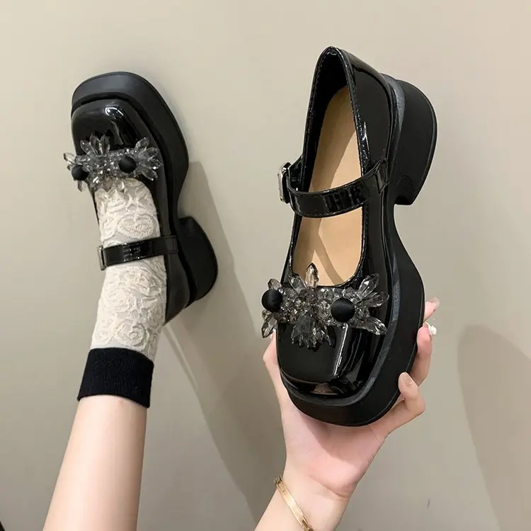 Damen Lolita Stil Mary Janes schwarz Blumen quadratischen Absatz runden Kopf Licht Absätze Plattform Mode einfache Damenschuhe