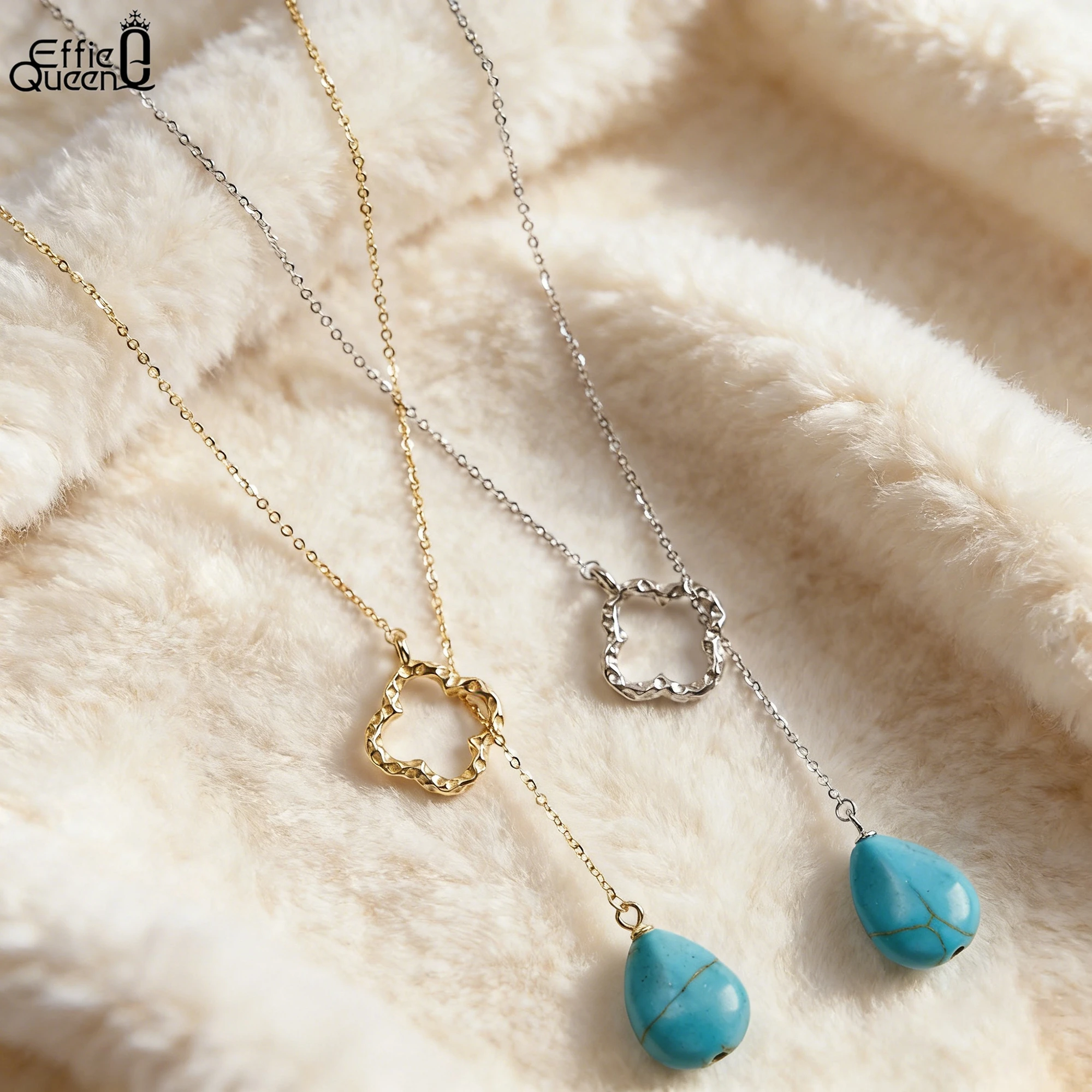 

EFFIE QUEEN 100% S925 Silver 14k Gold Water Drop Shaped Turquoise Pendant Necklace Natural Jewelry for Women Banquet Party GMN47