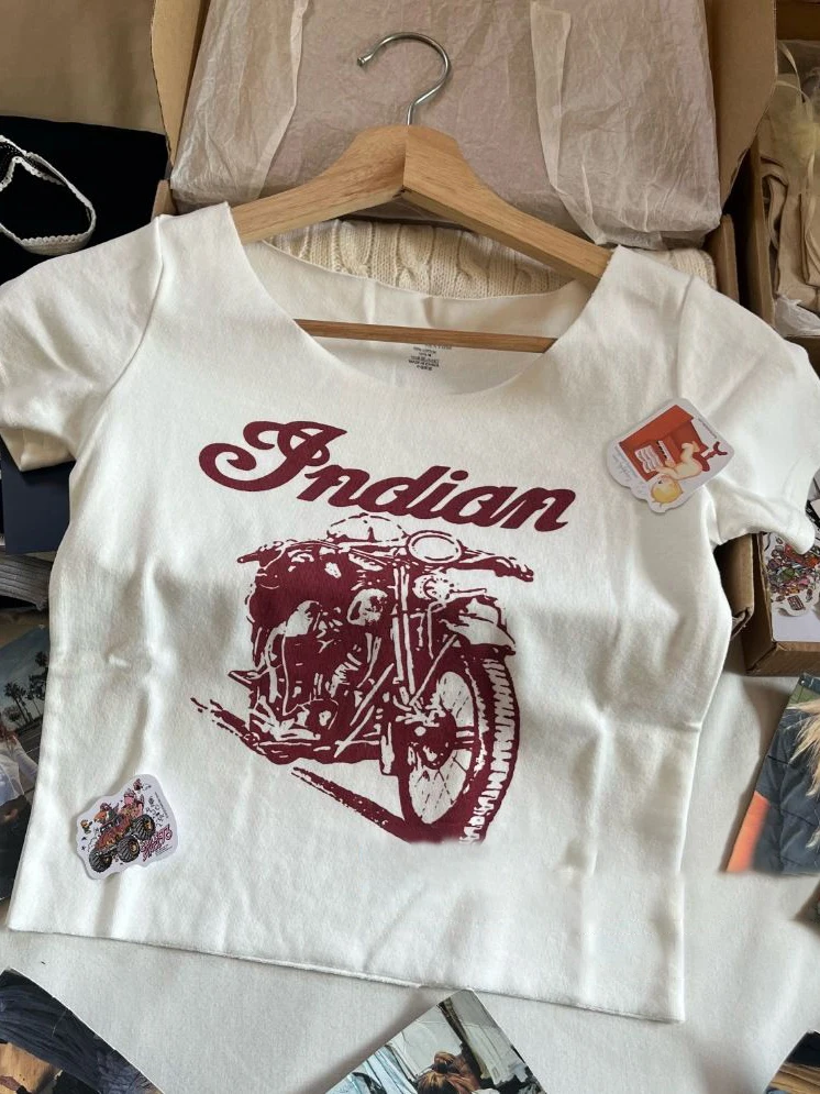 女性用レターバイクプリントTシャツ,半袖コットンTシャツ,ヴィンテージストリートウェア,グラフィックTシャツ,y2kクロップトップ