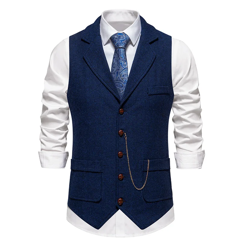 Spring New Men\'s Suit Vest Solid Color Casual Retro Lapel Horse Chain Vest Top