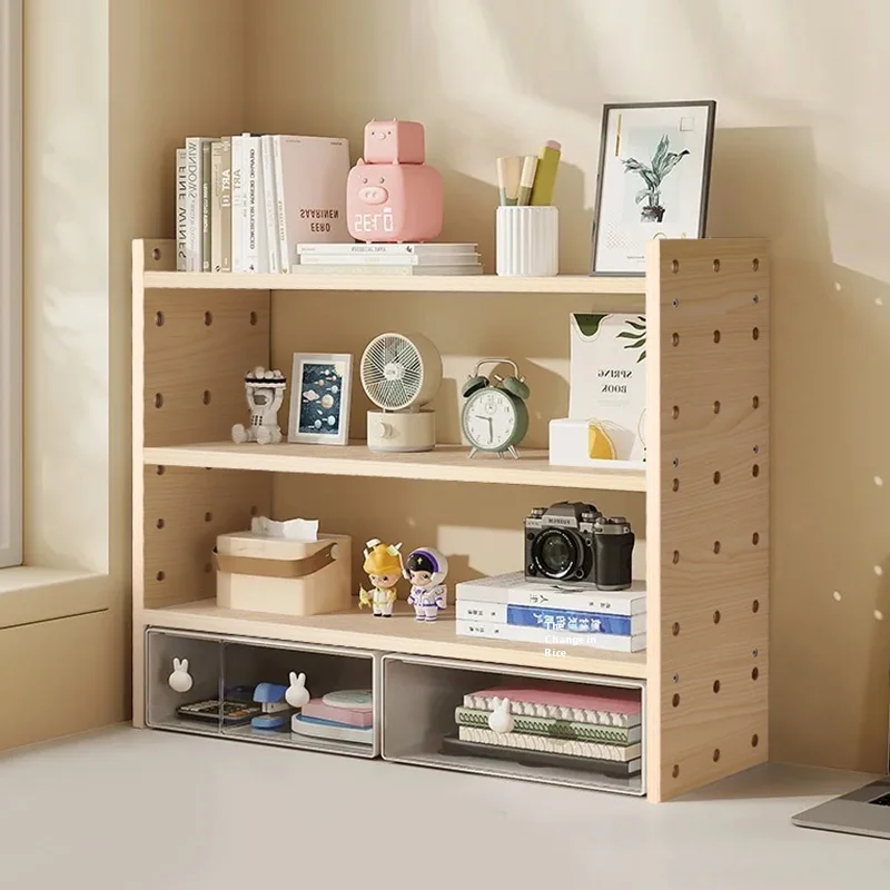 Natural Wood Desk Storage Rack with Drawer Books Display Stand and Study Table Organizer Shelf Organic Home Office Furniture