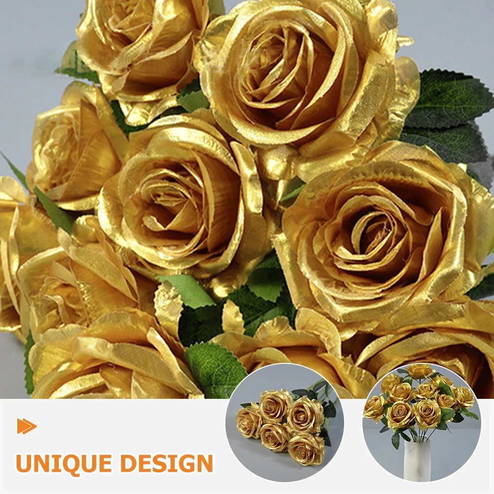 

1 Bunch Lifelike Artificial Roses with Stems Gold Flower Bouquet for Anniversary Celebration Hotel Restaurant Shop Interior