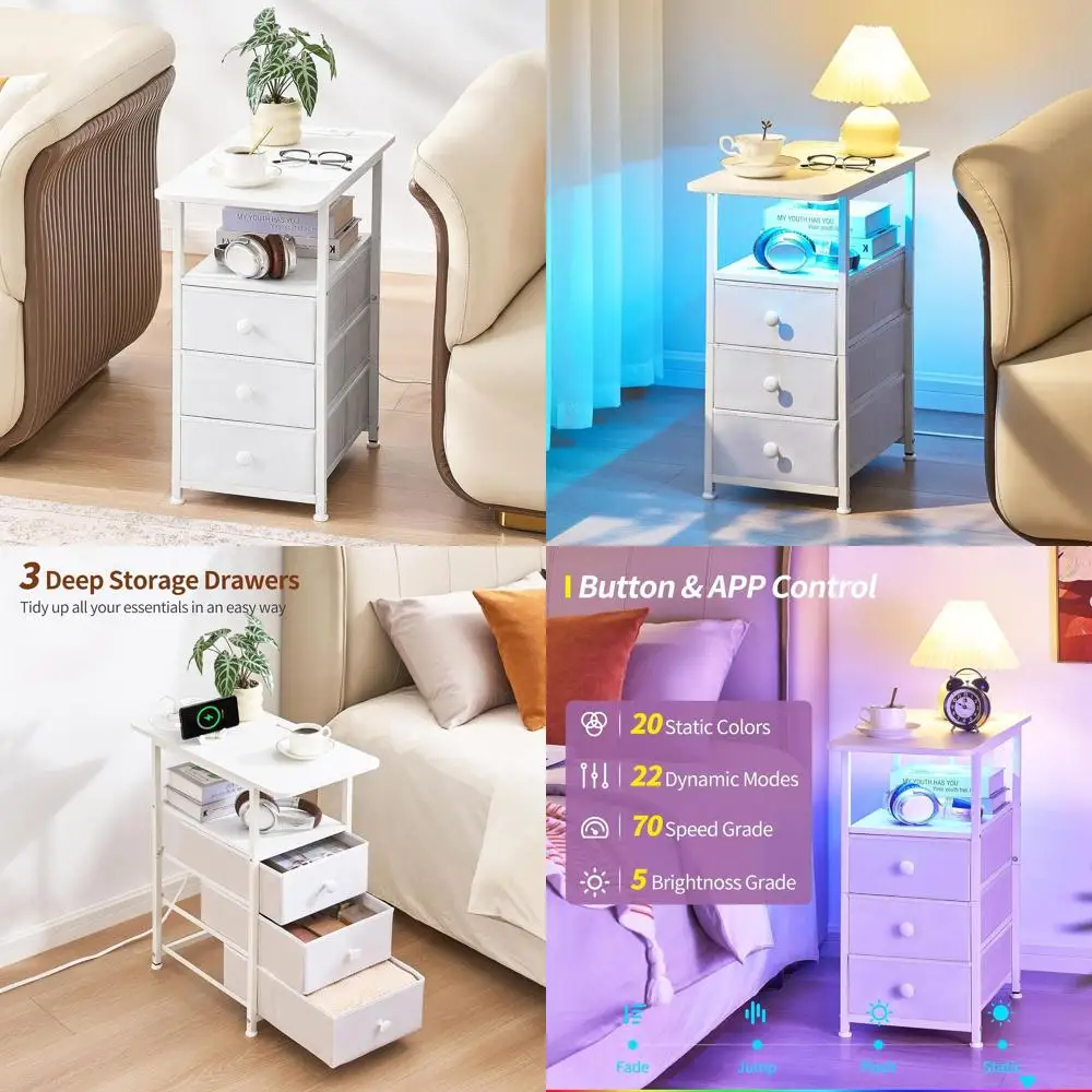 

Белый тонкий приставной столик с 3 ящиками, светодиодной подсветкой и зарядной станцией для гостиной и спальни, HKET1303WT