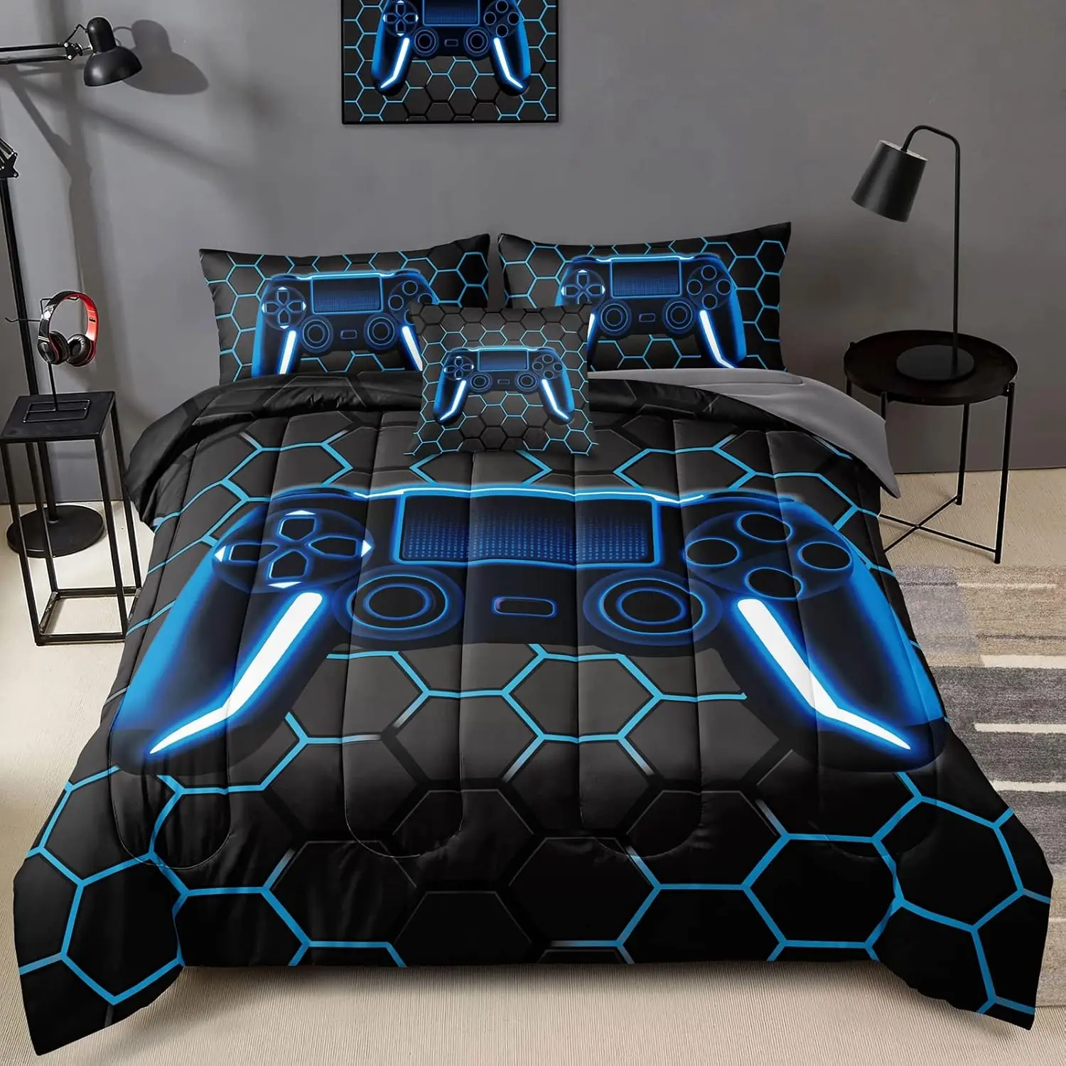 

Комплект из 5 предметов: игровой комплект постельного белья для мальчиков, подростков и детей, с сотовой структурой, из микрофибры, всесезонный, синий, размер Twin, для домашнего декора