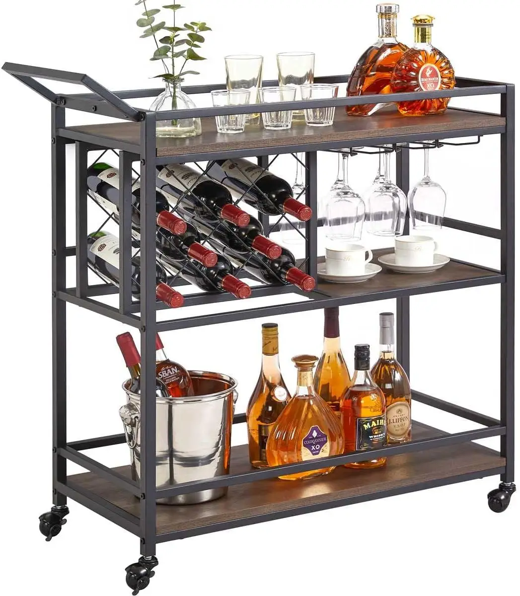 Bar Carts for The Home with Wine Rack and Glasses Holder, Rustic Rolling Serving Cart on Wheels